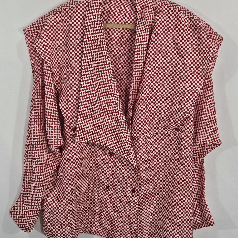 Vintage 80s Rodeo Drive Silk Red and White Checkered Blouse